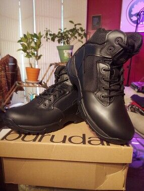 BURUDANI Men Leather Tactical Boots Military Side Zip Lace Up Boots Blk 10.5